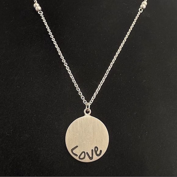 925 Sterling Mexico Silver Love Pendant on Vintage Silver Tone Necklace - Picture 2 of 11